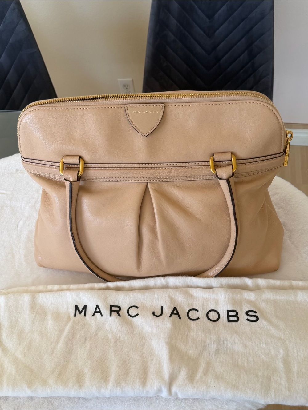 Marc Jacobs Beige Soft Leather Satchel / Tote Bag with Gold Hardware